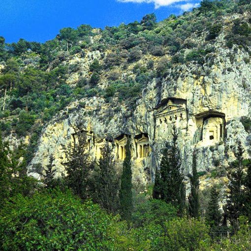 View of ￼￼￼Carian rock-tombs on the cliffs facing Dalyan, Turkey