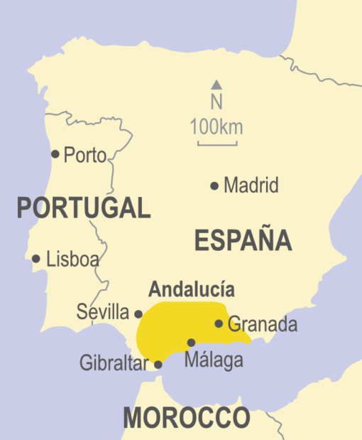 Map showing the Andalucía region in relation to Spain and Portugal