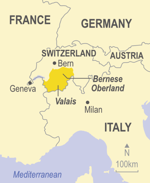 Map of the Bernese Oberland and the Valais, Switzerland