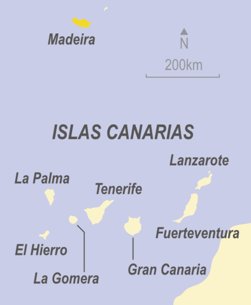Map showing Madeira, Portugal and the Canary Islands