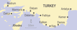 Map of Turkey showing Bodrum, Marmaris, Datca, Dalaman, Dalyan, Fethiye, Kalkan, Kas, Demre, Kemer and Antalya